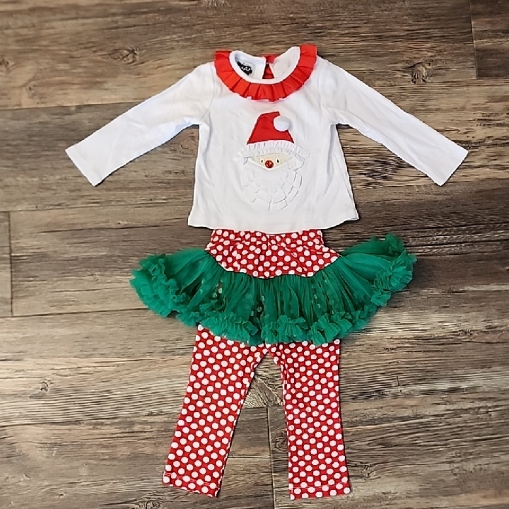 Mud Pie Santa Christmas Set - White, Red, Green, 2T